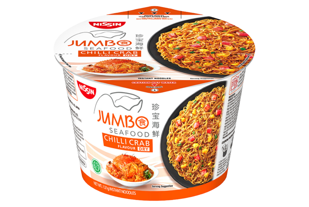 NISSIN x JUMBO Seafood Chilli Crab Instant Noodles (Dry) – Bold and savoury dry-style instant noodles inspired by JUMBO Seafood’s signature Chilli Crab dish, featuring a rich, sweet, and mildly spicy sauce.