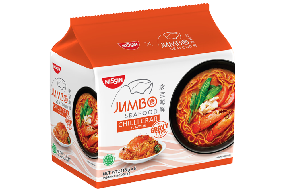 NISSIN x JUMBO Seafood Chilli Crab Instant Noodles (Gravy) – Rich and flavourful gravy-style instant noodles inspired by JUMBO Seafood’s signature Chilli Crab dish, featuring a sweet, savoury, and mildly spicy sauce.