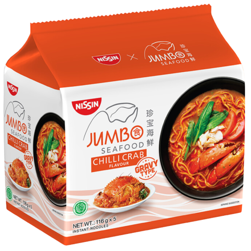 NISSIN x JUMBO Seafood Chilli Crab Instant Noodles (Gravy) – Rich and flavourful gravy-style instant noodles inspired by JUMBO Seafood’s signature Chilli Crab dish, featuring a sweet, savoury, and mildly spicy sauce.