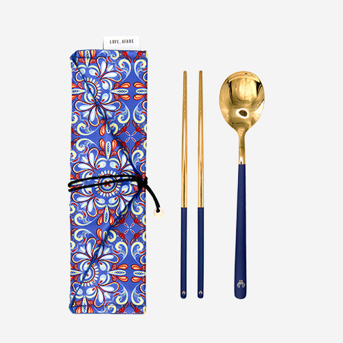 Love, Afare Cutlery Set Blue – Stylish and reusable cutlery that comes with a spoon and a pair of chopsticks wrapped in a compact and vibrant Peranakan-inspired cloth pouch for eco-friendly dining.