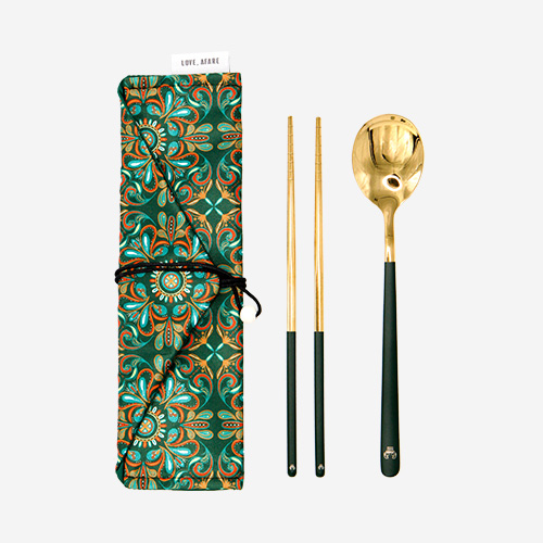 Love, Afare Cutlery Set Green – Stylish and reusable cutlery that comes with a spoon and a pair of chopsticks wrapped in a compact and vibrant Peranakan-inspired cloth pouch for eco-friendly dining.
