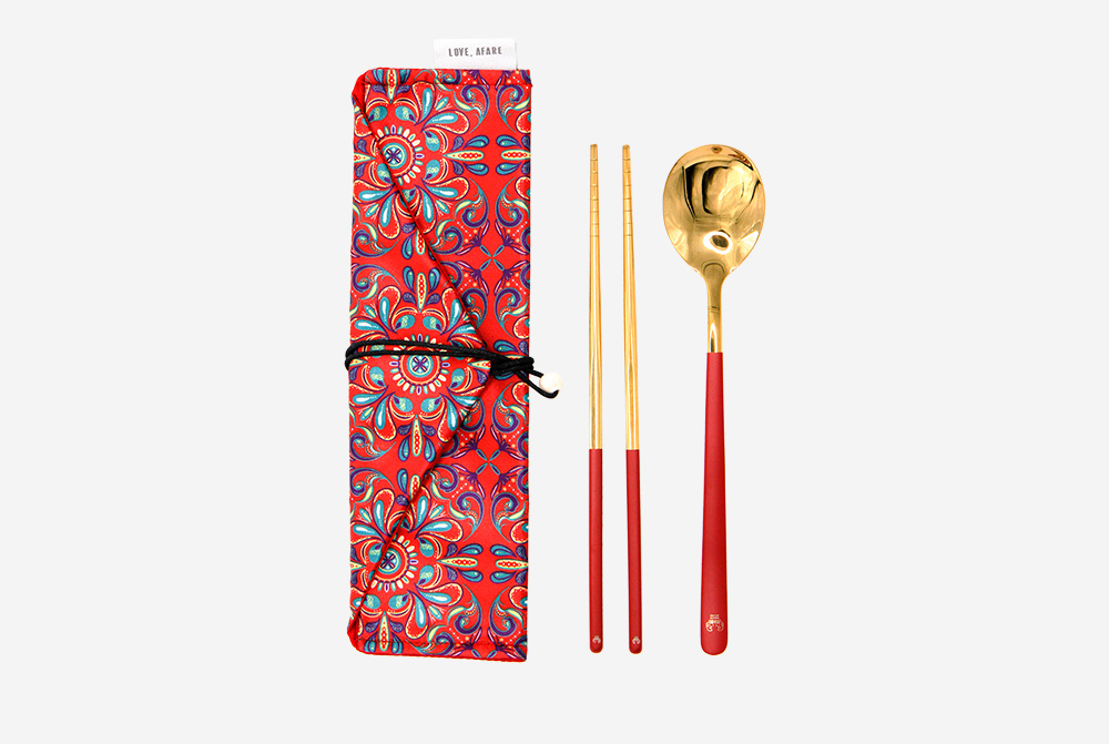 Love, Afare Cutlery Set Red – Stylish and reusable cutlery that comes with a spoon and a pair of chopsticks wrapped in a compact and vibrant Peranakan-inspired cloth pouch for eco-friendly dining.
